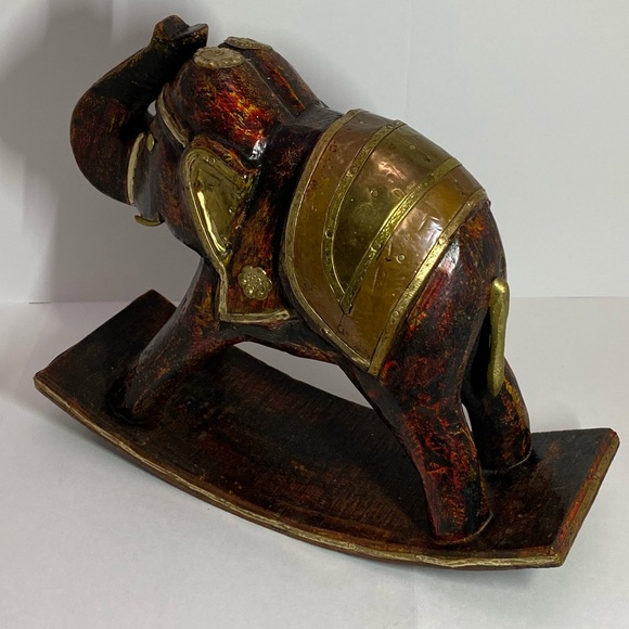 VTG HANDCARVED WOODEN BRASS&COPPER INLAY ELEPHANT - Picture 7 of 7